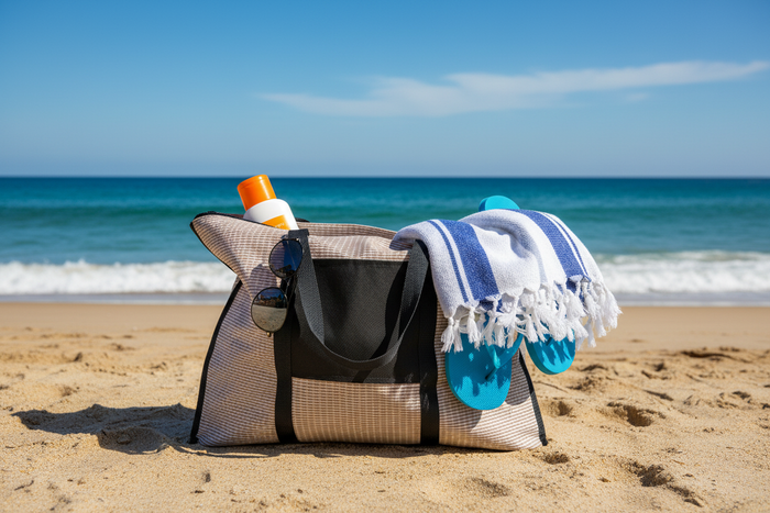 2-in-1 Strandtasche am Strand mit Sonnencreme, Sonnenbrille und Flip Flops