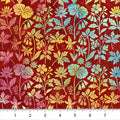 Colorful floral pattern on a red background with a ruler at the bottom.