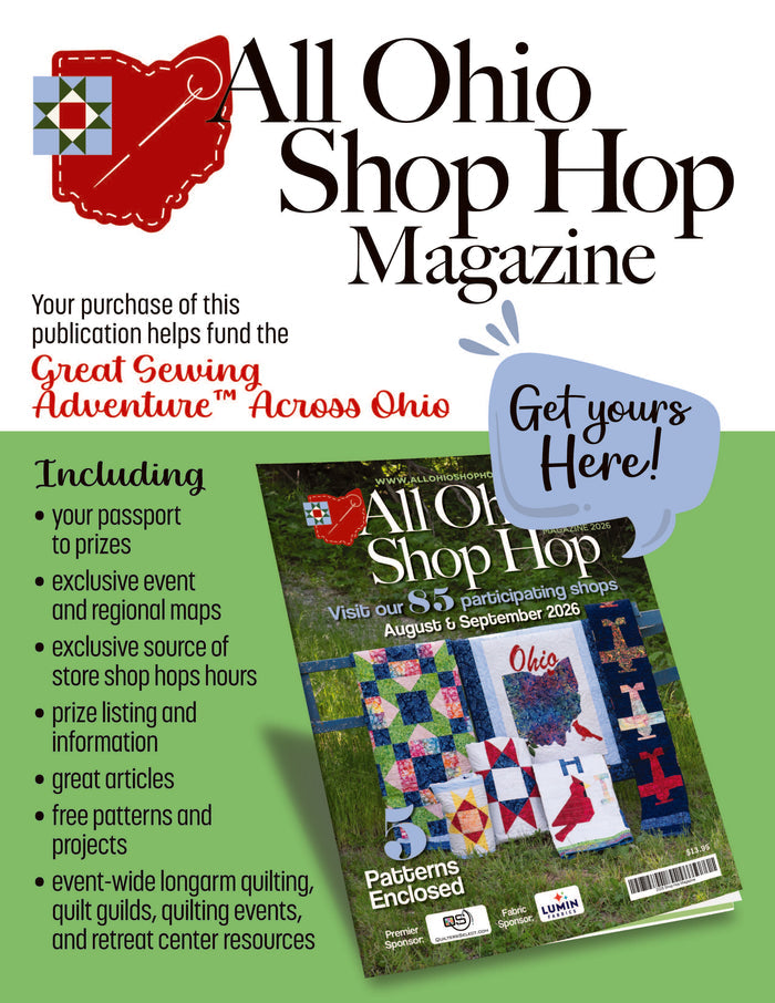 Cover of All Ohio Shop Hop Magazine with a quilt pattern on a green background