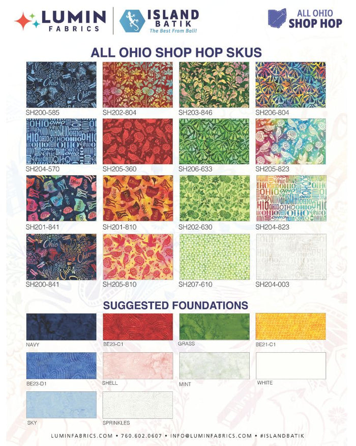 Color chart of fabric patterns with Lumin Fabrics branding