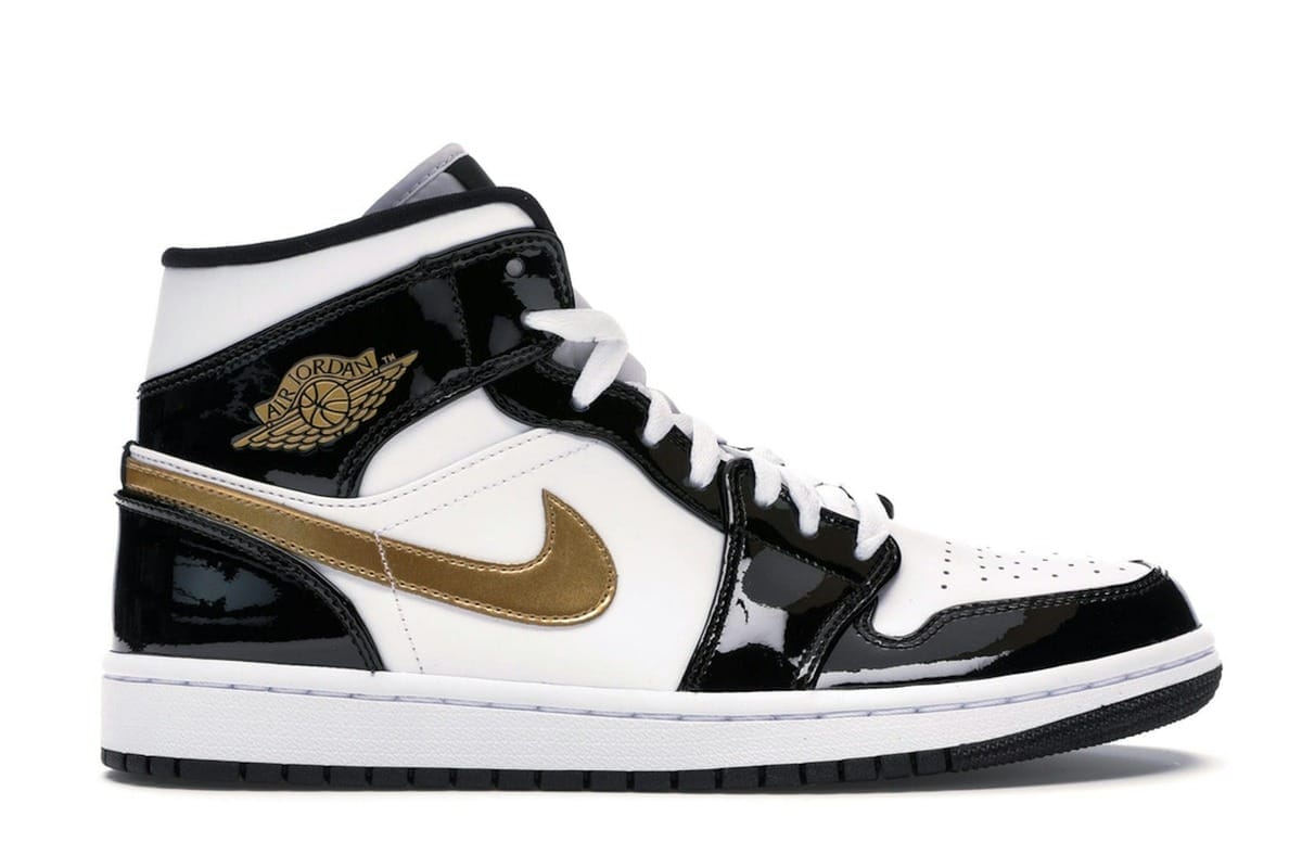 Jordan 1 Mid Patent Black White Gold Sneakers 852542-007