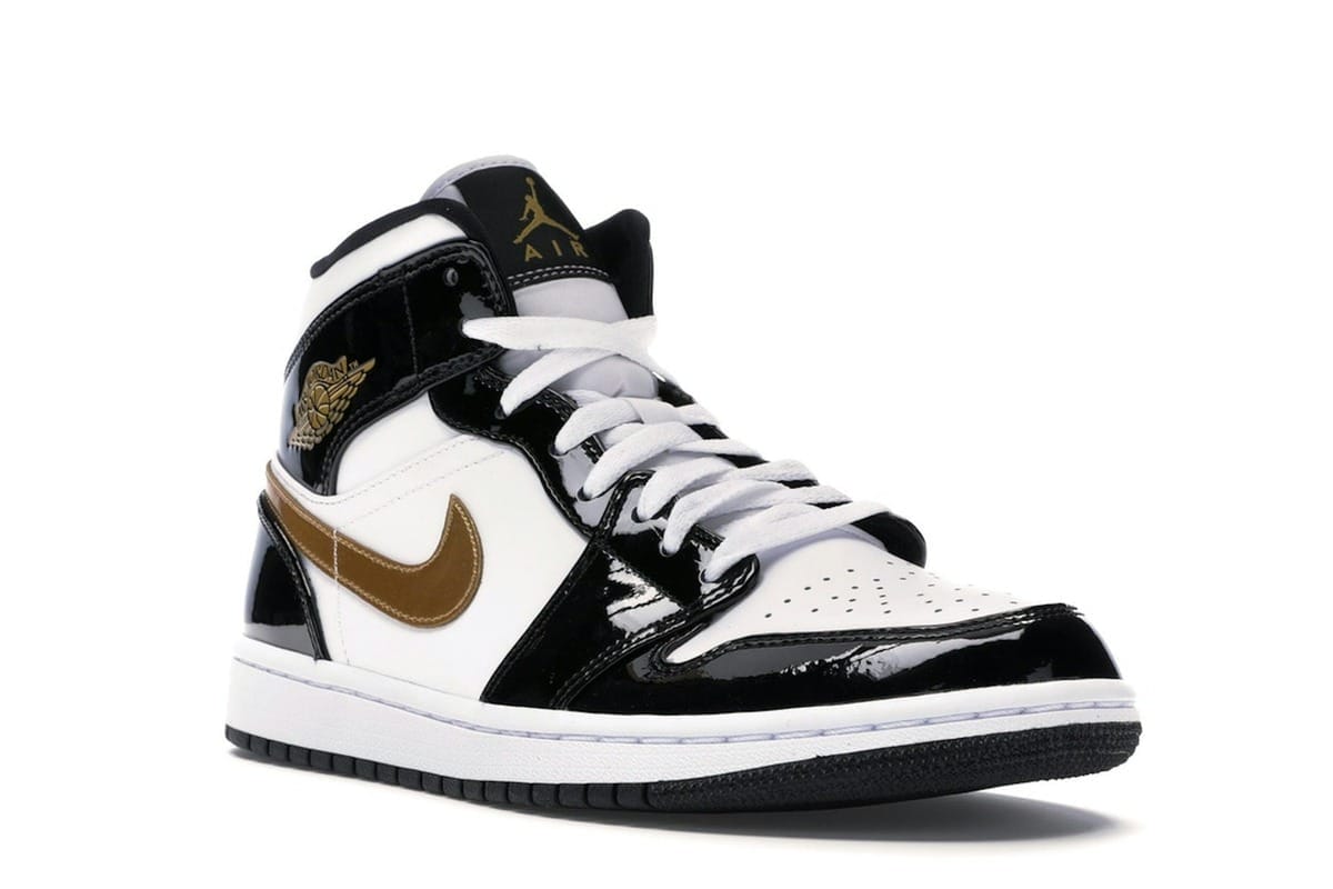 Jordan 1 Mid Patent Black White Gold Sneakers 852542-007