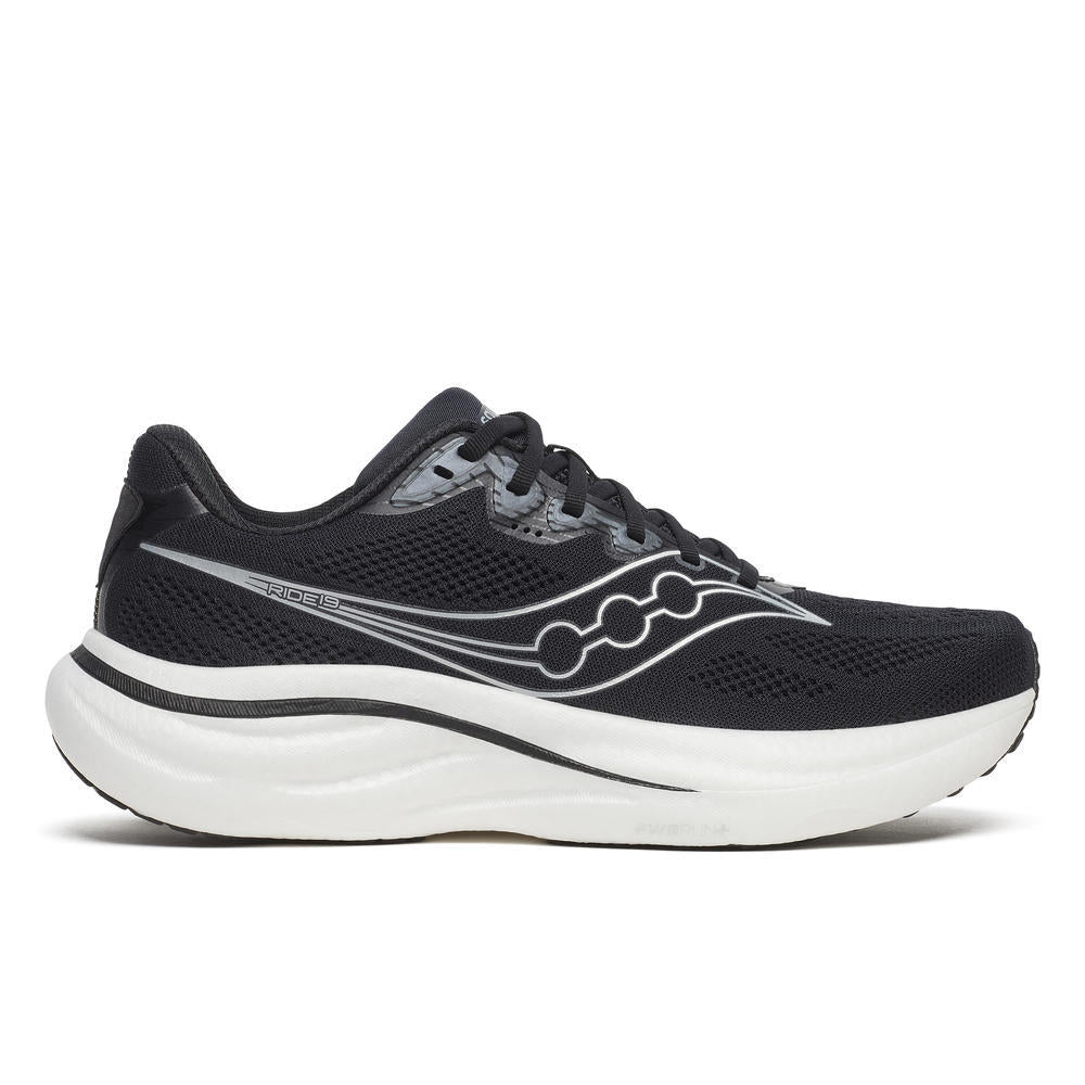 Saucony Men's Ride 19 Running Shoes in Black/Silver (Wide)