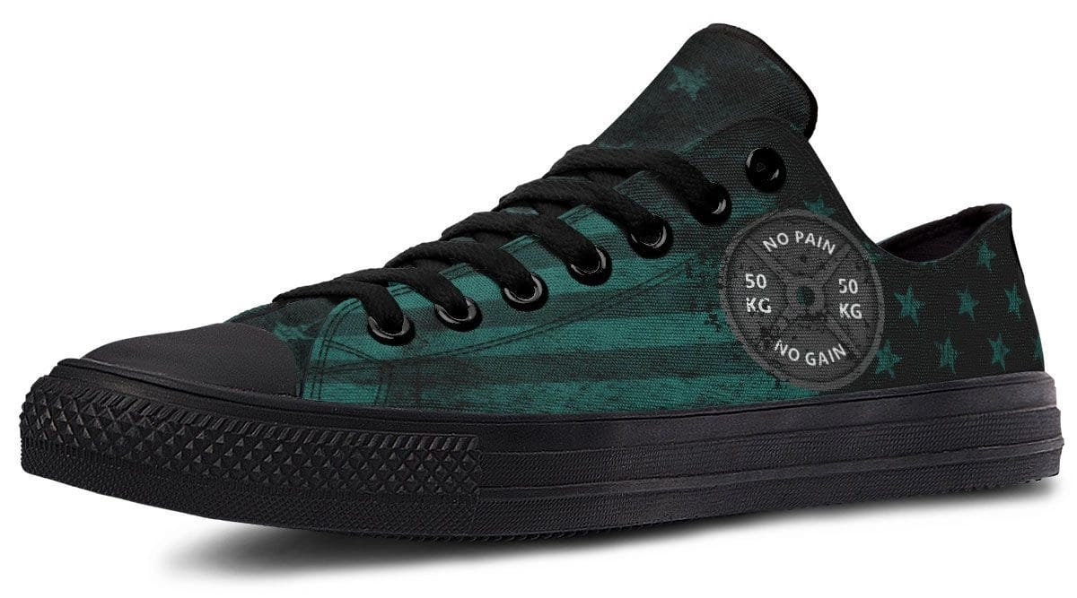 “No Pain No Gain” American Flag Green Pattern Black Lowtop Sneaker