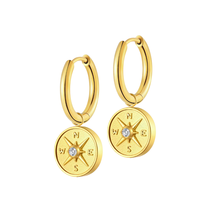 Antique Compass Charm Hoops in Titanium