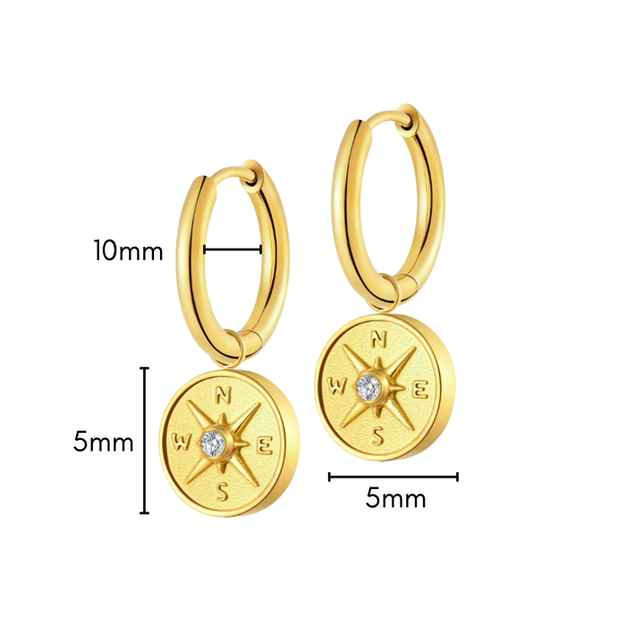 Antique Compass Charm Hoops in Titanium