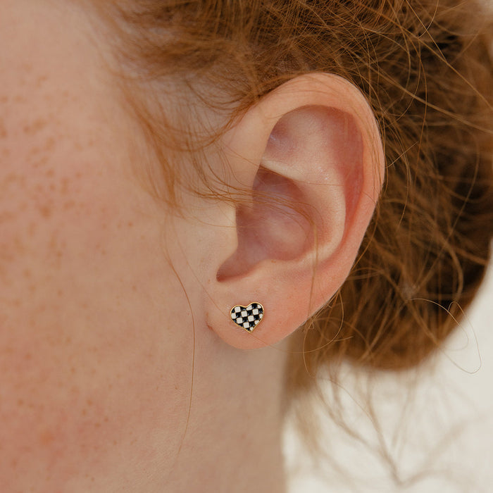 Checkered Heart Enamel Flat Back Stud