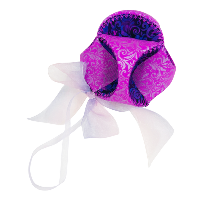 A purple and blue patterned fabric pouch with a white sheer ribbon bow, isolated on a white background.