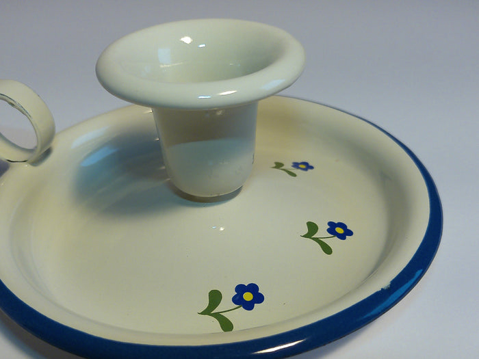 Münder Email Kerzenhalter emailliert 14,5 cm x 13,0 cm x 6 cm, Farbe creme mit blauem Rand und Blümchen