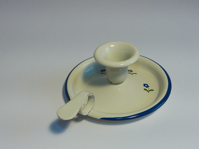Münder Email Kerzenhalter emailliert 14,5 cm x 13,0 cm x 6 cm, Farbe creme mit blauem Rand und Blümchen