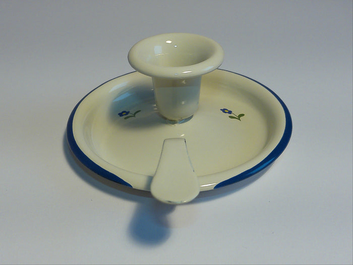 Münder Email Kerzenhalter emailliert 14,5 cm x 13,0 cm x 6 cm, Farbe creme mit blauem Rand und Blümchen