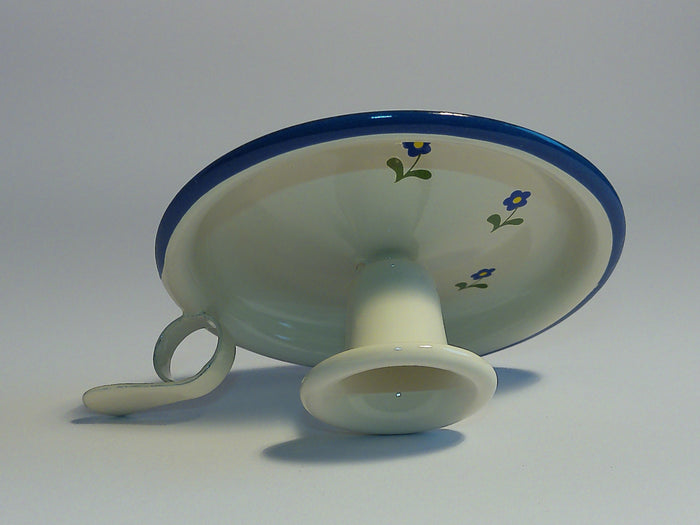 Münder Email Kerzenhalter emailliert 14,5 cm x 13,0 cm x 6 cm, Farbe creme mit blauem Rand und Blümchen