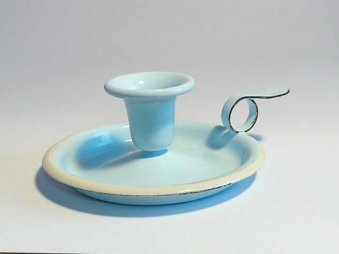 Münder Email Kerzenhalter emailliert 14,5 cm x 13,0 cm x 6 cm, Farbe hellblau mit weißem Rand