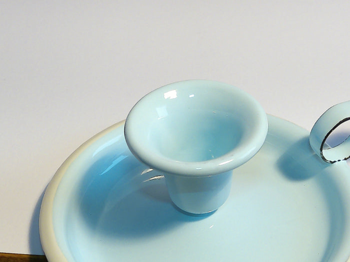 Münder Email Kerzenhalter emailliert 14,5 cm x 13,0 cm x 6 cm, Farbe hellblau mit weißem Rand