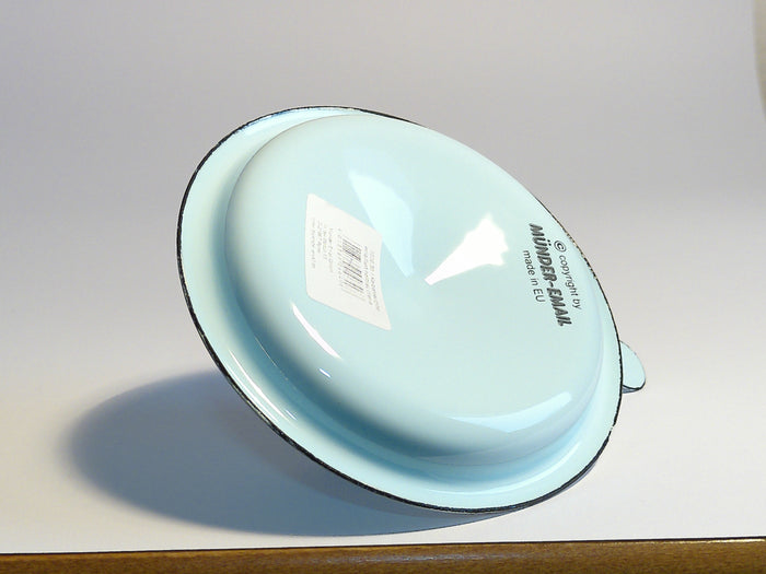 Münder Email Kerzenhalter emailliert 14,5 cm x 13,0 cm x 6 cm, Farbe hellblau mit weißem Rand