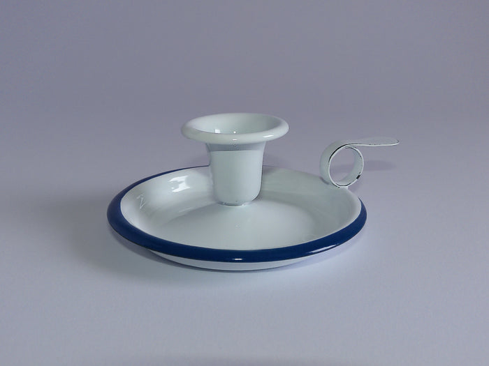 Münder Email Kerzenhalter emailliert 14,5 cm x 13,0 cm x 6 cm, Farbe weiß mit blauem Rand