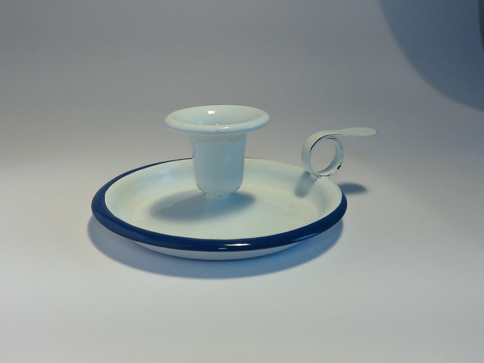 Münder Email Kerzenhalter emailliert 14,5 cm x 13,0 cm x 6 cm, Farbe weiß mit blauem Rand