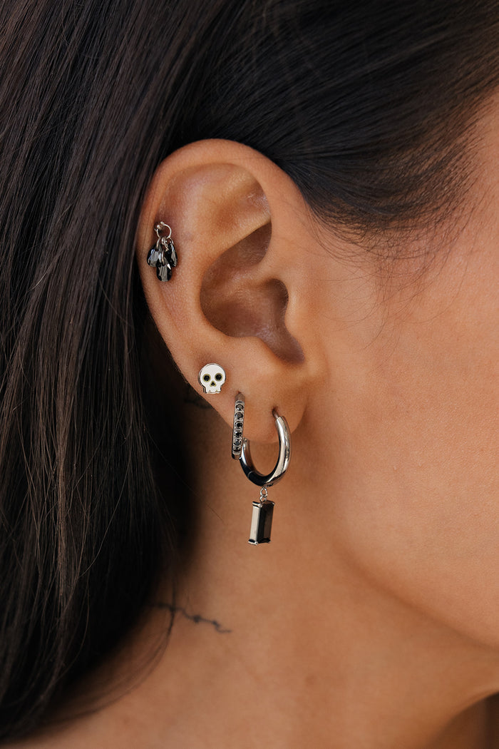 Onyx Baguette Charm Hoops in Titanium
