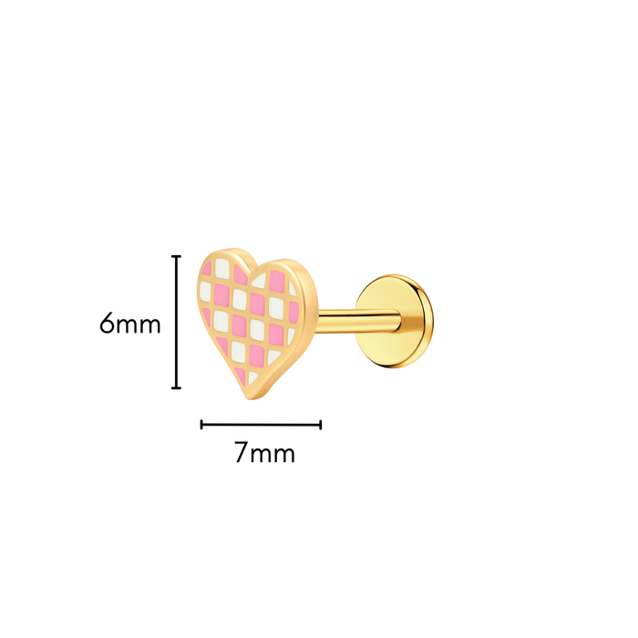 Pink Checkered Heart Enamel Flat Back Stud