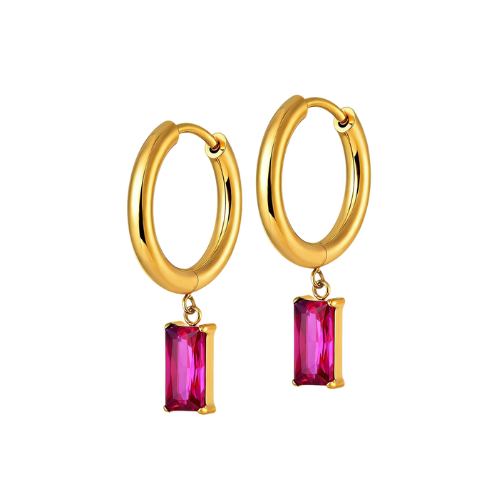 Pink Punch Baguette Charm Hoops in Titanium