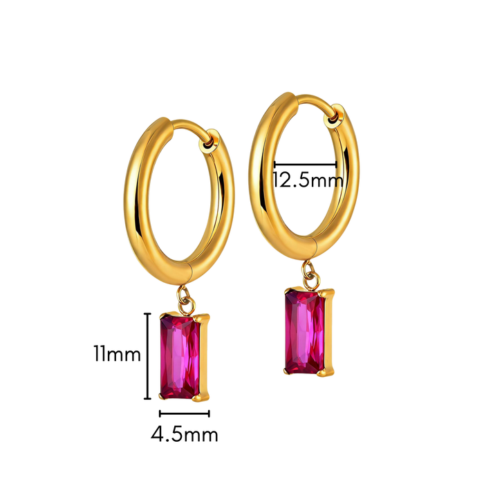 Pink Punch Baguette Charm Hoops in Titanium