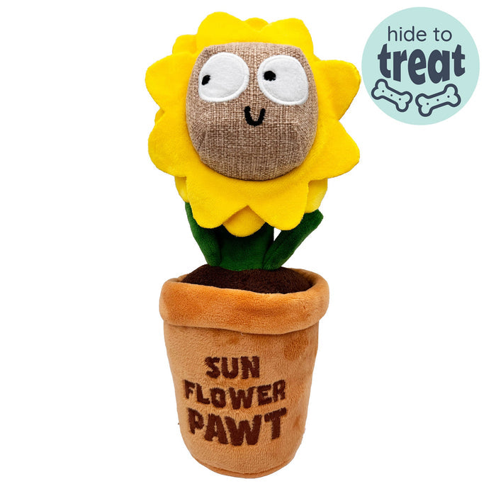 Dog with Seek 'n Treat Sunflower Pawt Dog Toy on a white background.