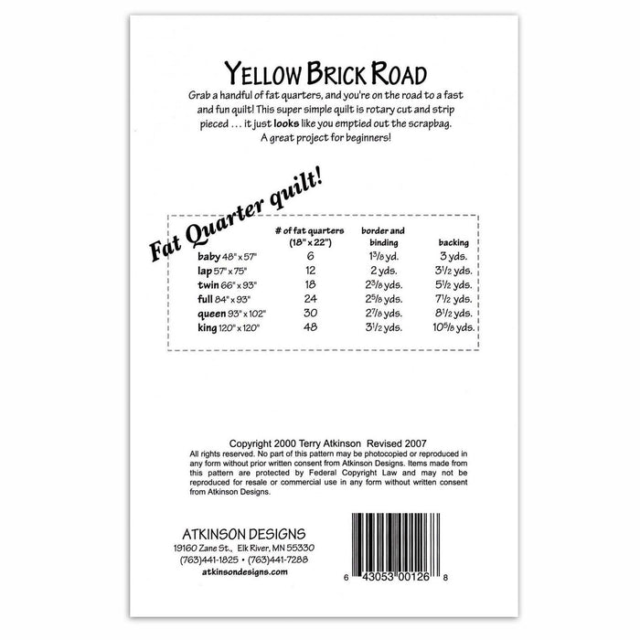Yellow Brick Road Quilt Pattern - Printed